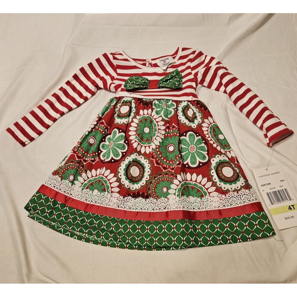 NEW Girls Christmas Dress Size 4T Stripes Red White Green Bow Counting Daisies